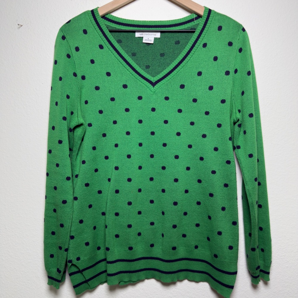VTG Y2K‎ Women 100% Cotton Preppy Sweater Small Green Polka Dot V-Neck Heritage